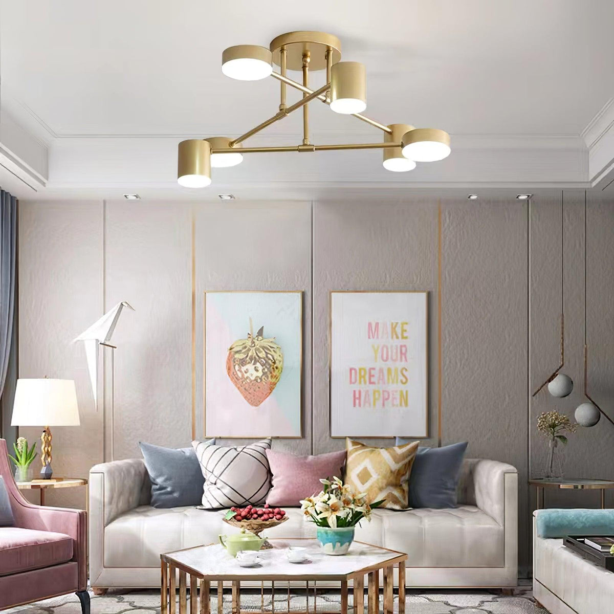 Ceiling Light with Intersecting Arms and Cylindrical Heads - Sputnik Style