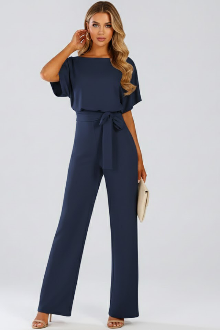 Women's Wide-Leg Jumpsuit with Tie Belt and Round Neckline