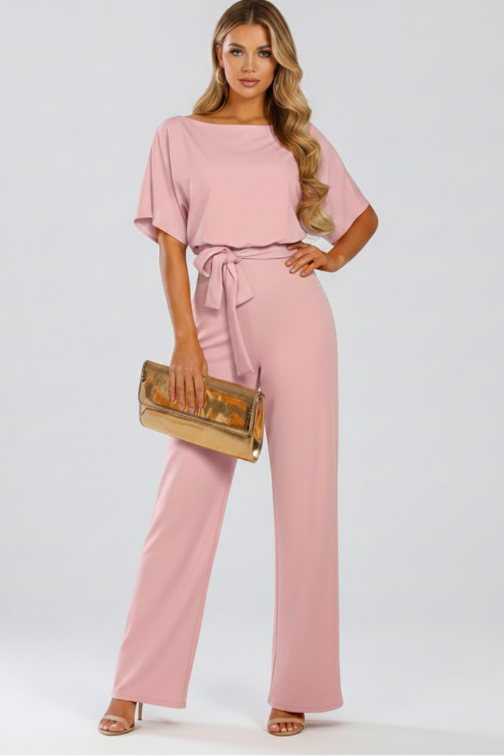 Women's Wide-Leg Jumpsuit with Tie Belt and Round Neckline