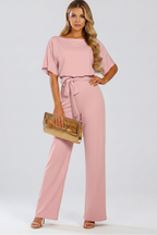 Women's Wide-Leg Jumpsuit with Tie Belt and Round Neckline