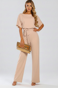 Women's Wide-Leg Jumpsuit with Tie Belt and Round Neckline