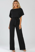 Women's Wide-Leg Jumpsuit with Tie Belt and Round Neckline