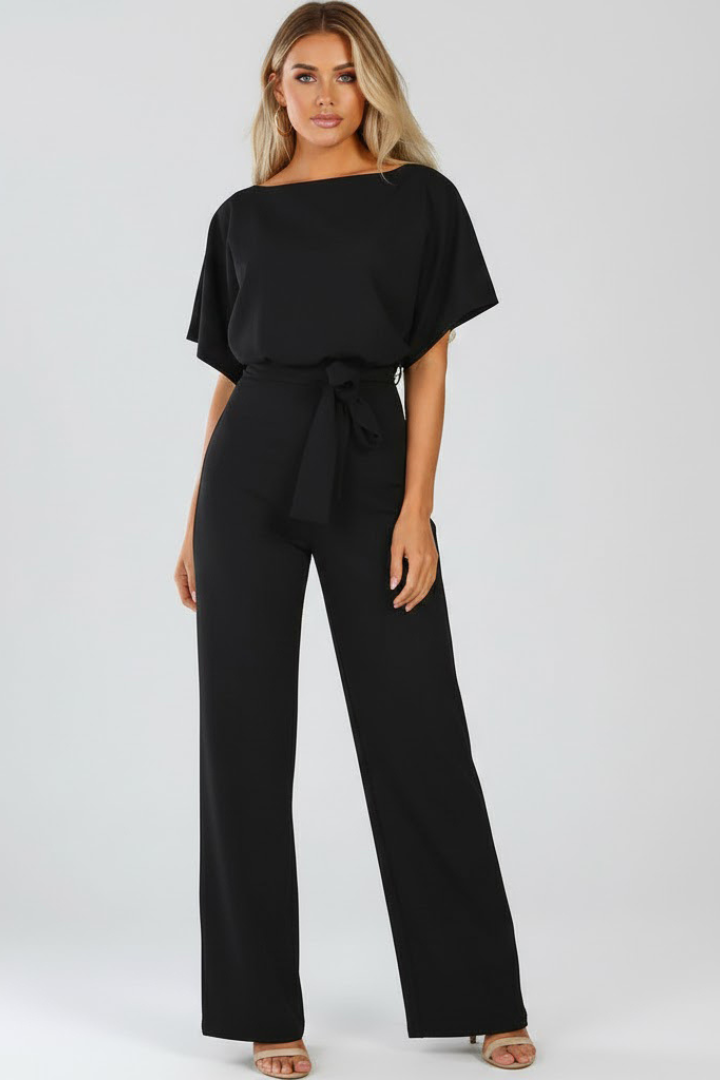 Women's Wide-Leg Jumpsuit with Tie Belt and Round Neckline