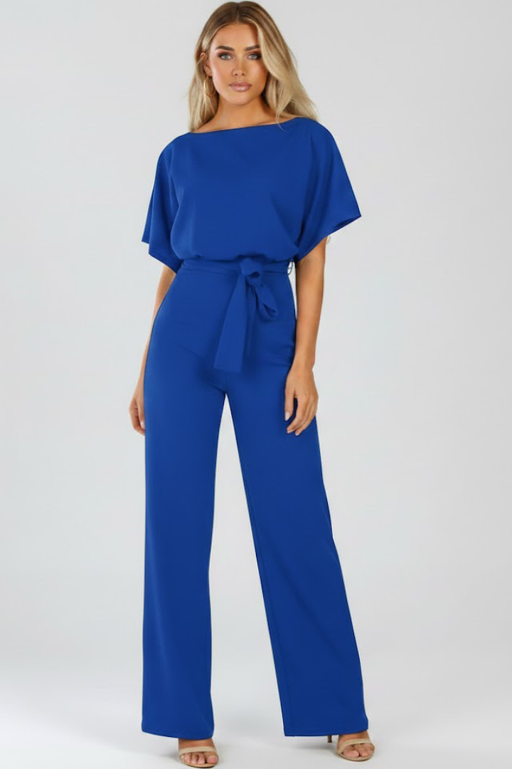 Women's Wide-Leg Jumpsuit with Tie Belt and Round Neckline