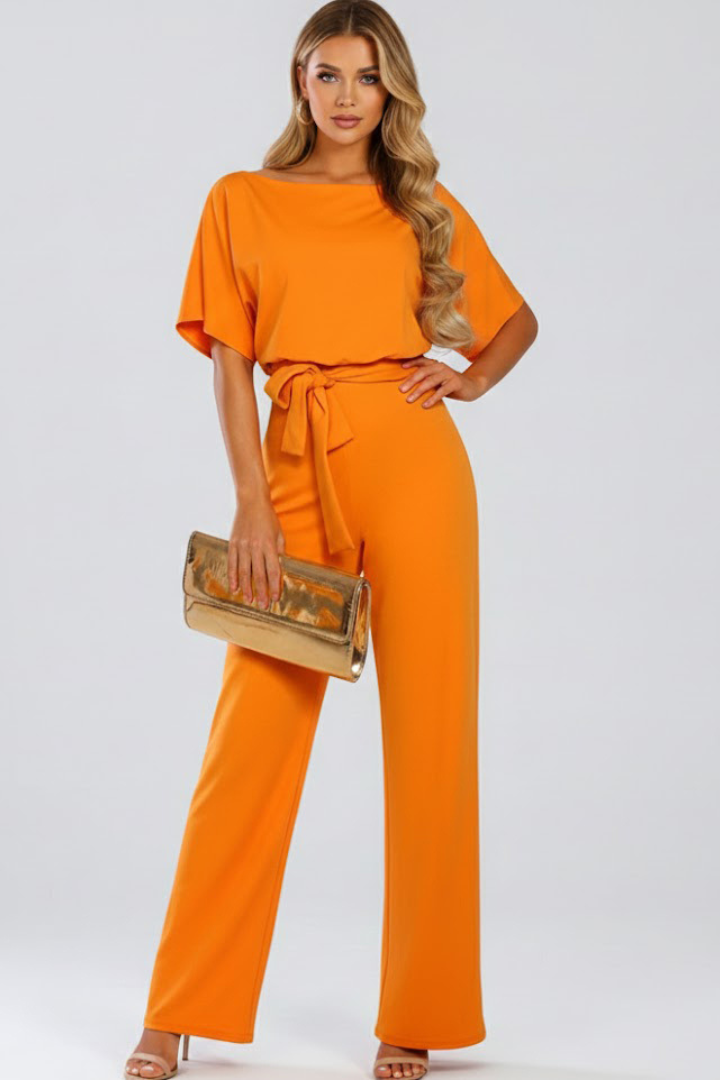 Women's Wide-Leg Jumpsuit with Tie Belt and Round Neckline