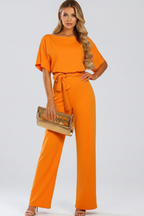 Women's Wide-Leg Jumpsuit with Tie Belt and Round Neckline