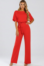 Women's Wide-Leg Jumpsuit with Tie Belt and Round Neckline