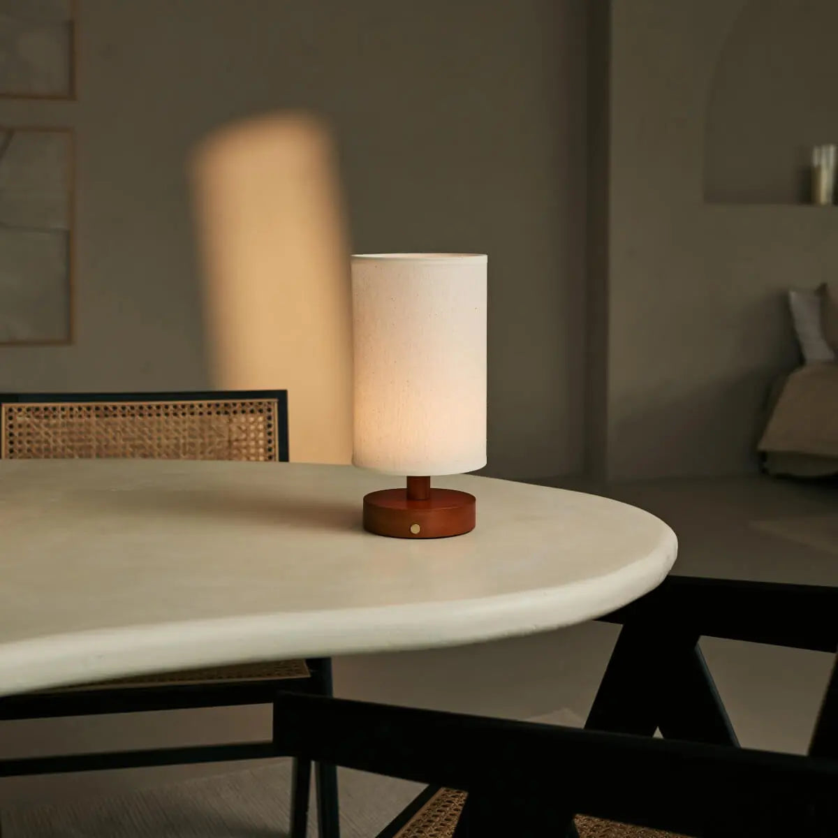 Ben Chestnut Brown Wooden Table Lamp | Cordless, Linen Blend & Up to 100 Hours of Light