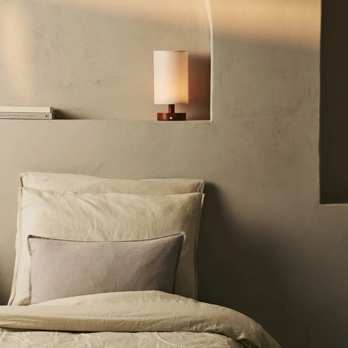 Ben Chestnut Brown Wooden Table Lamp | Cordless, Linen Blend & Up to 100 Hours of Light