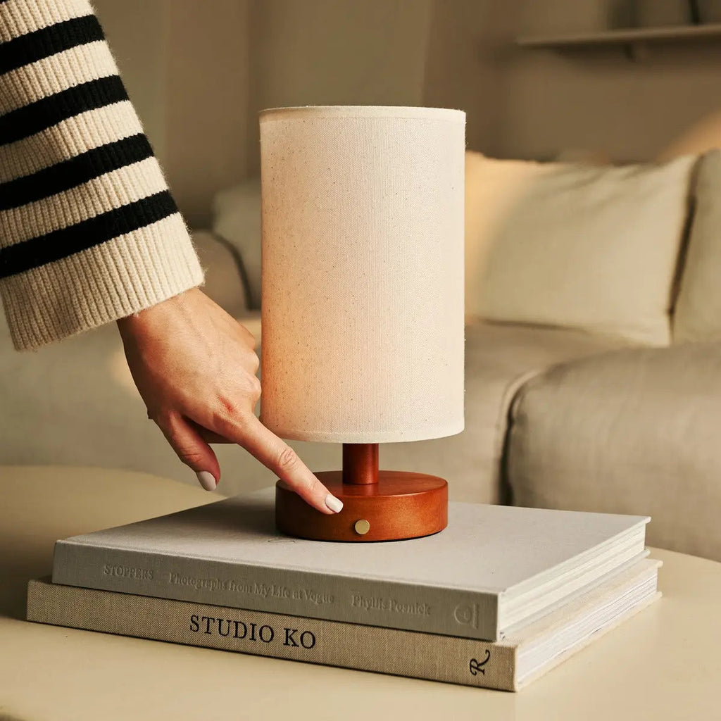 Ben Chestnut Brown Wooden Table Lamp | Cordless, Linen Blend & Up to 100 Hours of Light
