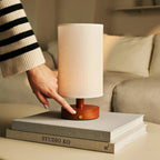 Ben Chestnut Brown Wooden Table Lamp | Cordless, Linen Blend & Up to 100 Hours of Light