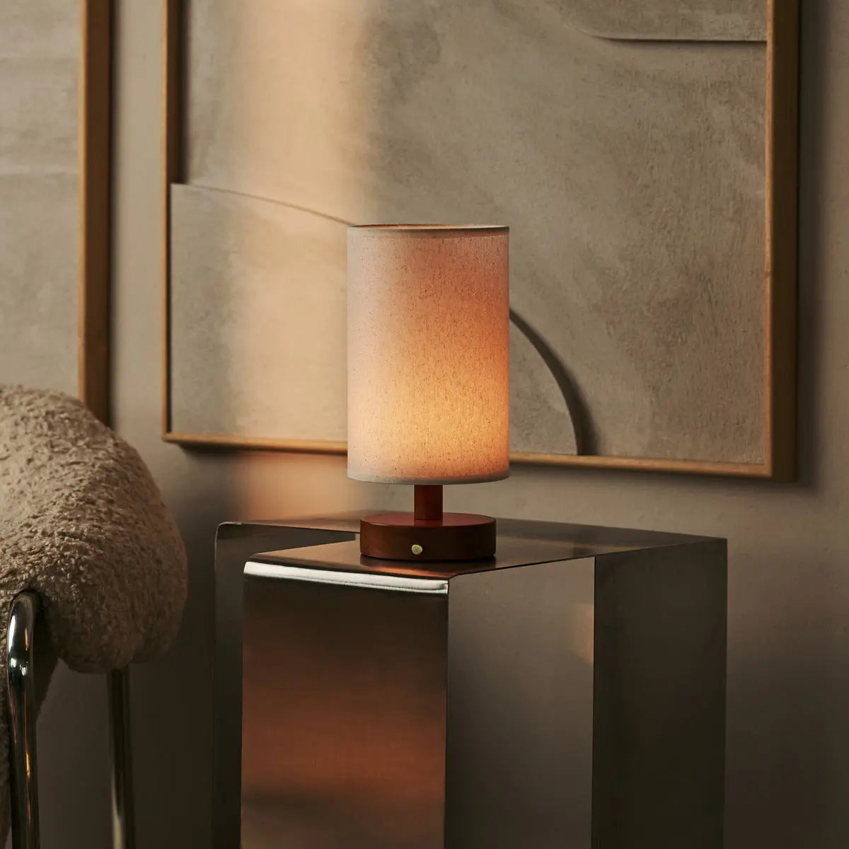 Ben Chestnut Brown Wooden Table Lamp | Cordless, Linen Blend & Up to 100 Hours of Light