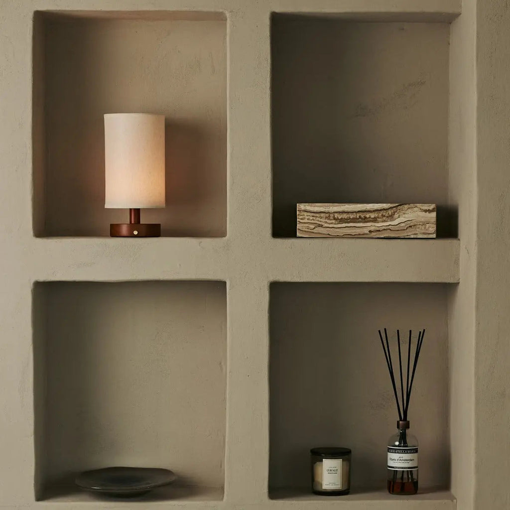 Ben Chestnut Brown Wooden Table Lamp | Cordless, Linen Blend & Up to 100 Hours of Light