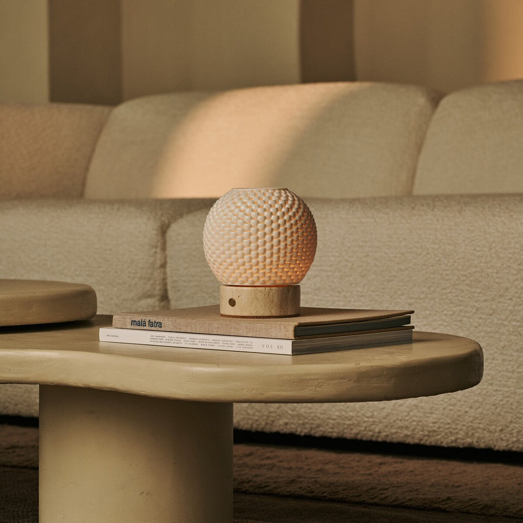 Vela Light Brown Wooden Wireless Table Lamp | 3D-Printed Porcelain, Dimmable & Up to 100 Hours of Light