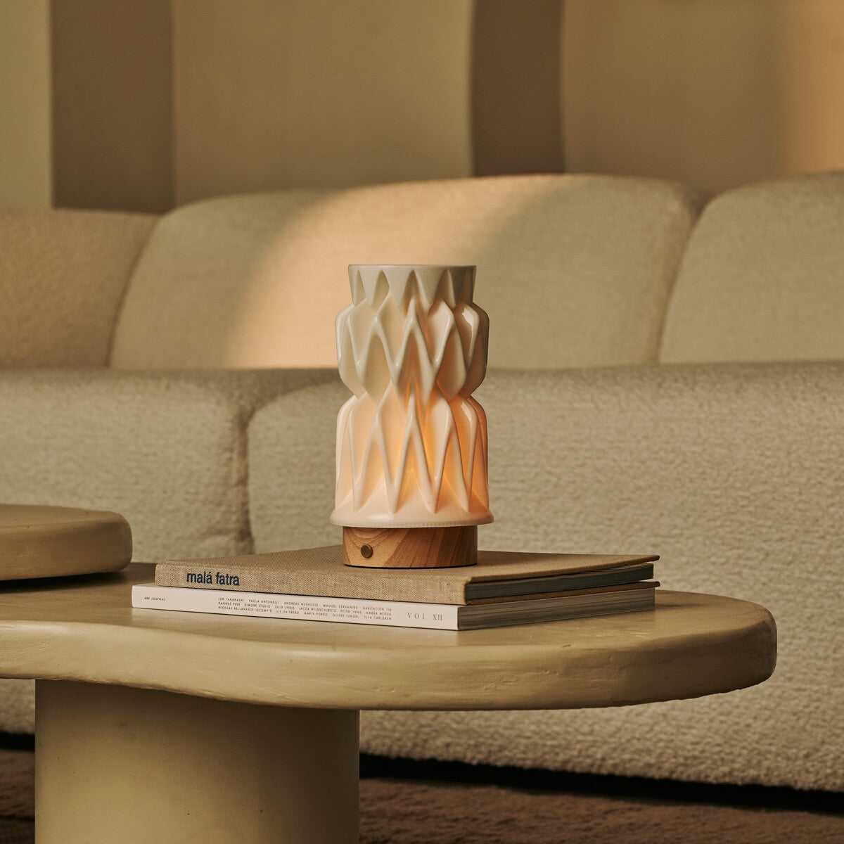 Vento Light Brown Wooden Rechargeable Table Lamp | 3D-Printed Porcelain, Dimmable & 3 Light Colors