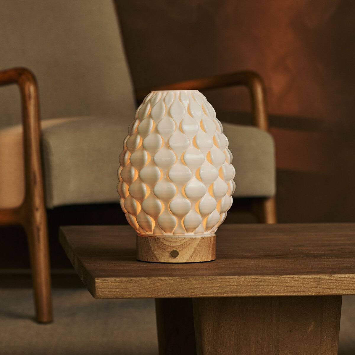 Serena Light Brown Wooden Rechargeable Table Lamp | Wireless, 3D-Printed Porcelain & 3 Light Colors