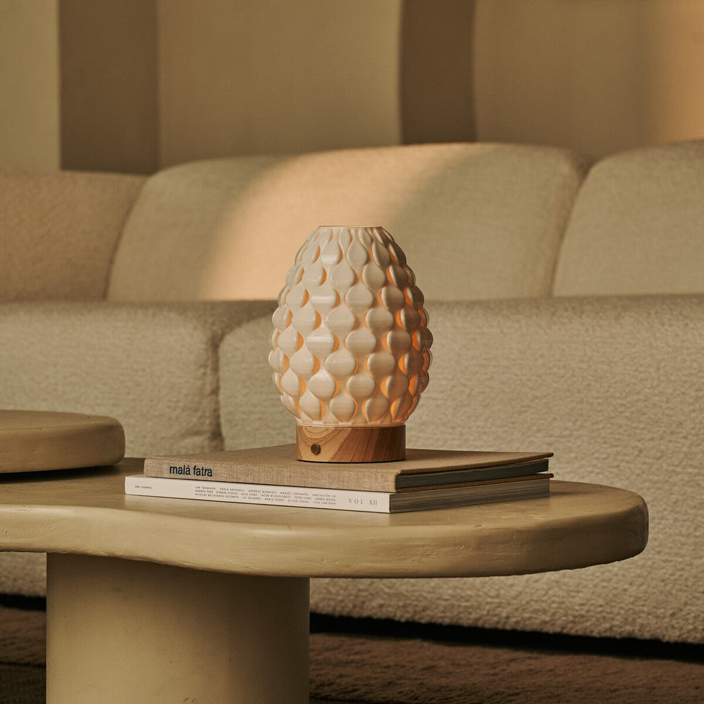 Serena Light Brown Wooden Rechargeable Table Lamp | Wireless, 3D-Printed Porcelain & 3 Light Colors