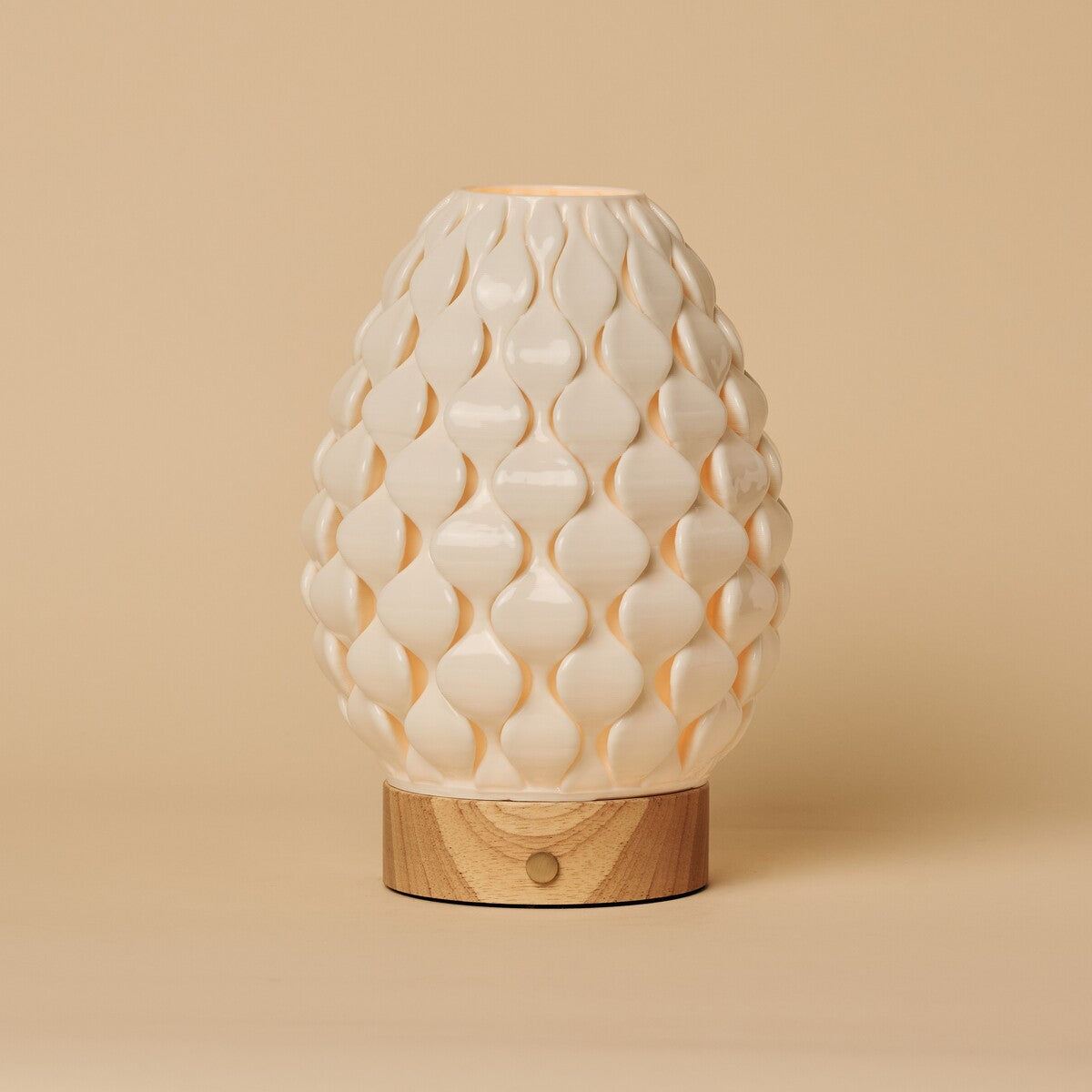 Serena Light Brown Wooden Rechargeable Table Lamp | Wireless, 3D-Printed Porcelain & 3 Light Colors