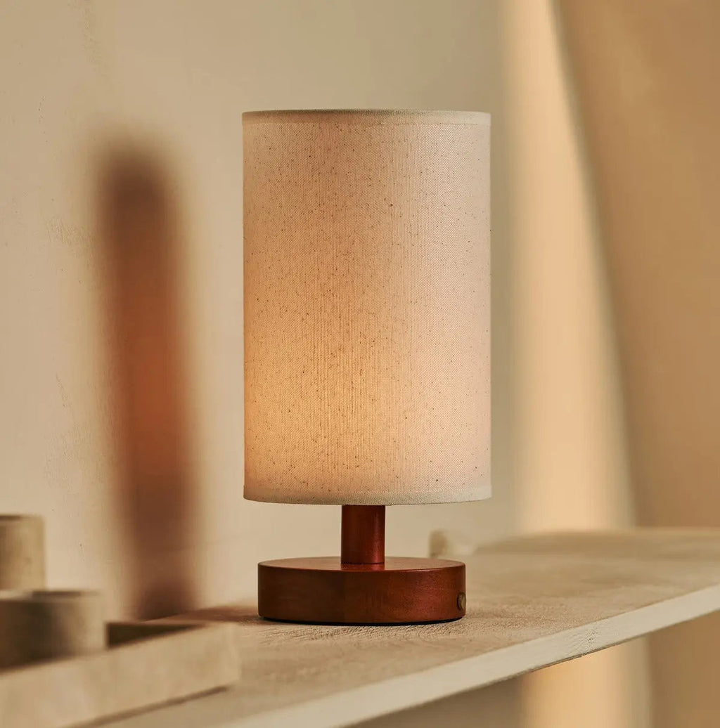 Ben Chestnut Brown Wooden Table Lamp | Cordless, Linen Blend & Up to 100 Hours of Light