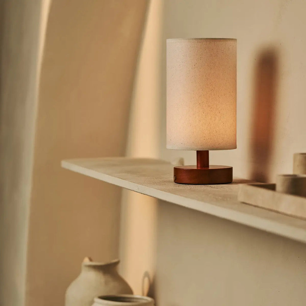 Ben Chestnut Brown Wooden Table Lamp | Cordless, Linen Blend & Up to 100 Hours of Light