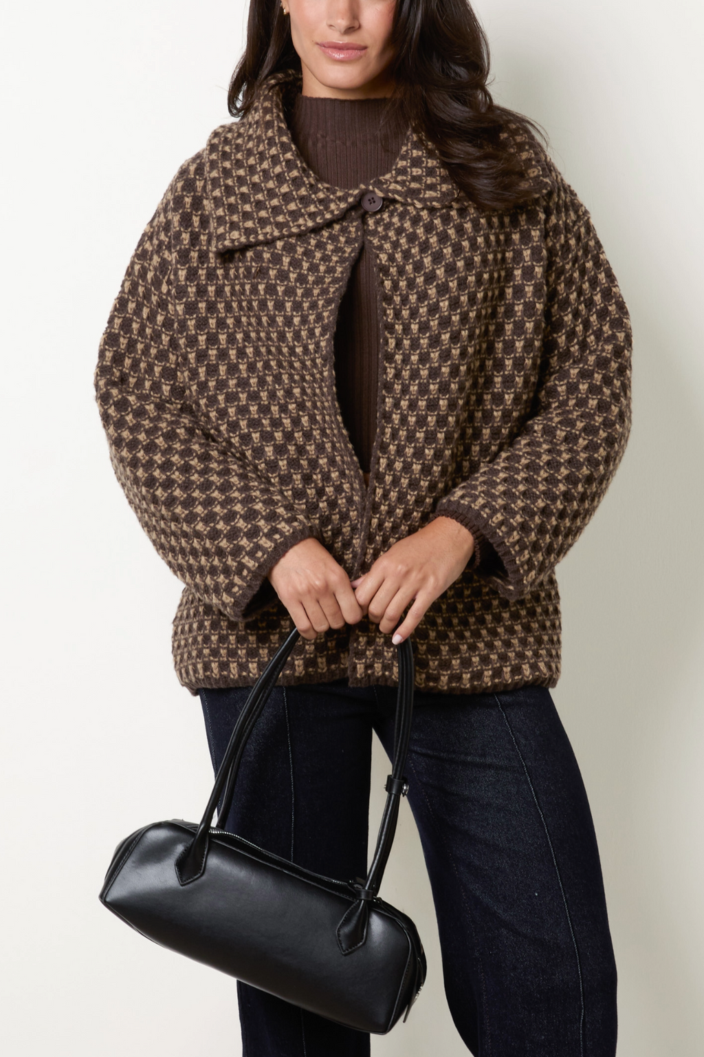 Women's Structured Knit Cardigan Coat - Chocolate Brown