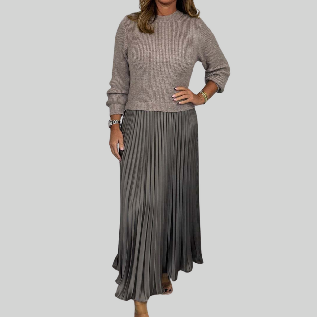 Women's Jumper Dress with Pleated Skirt - Knitted Cotton Blend Midi