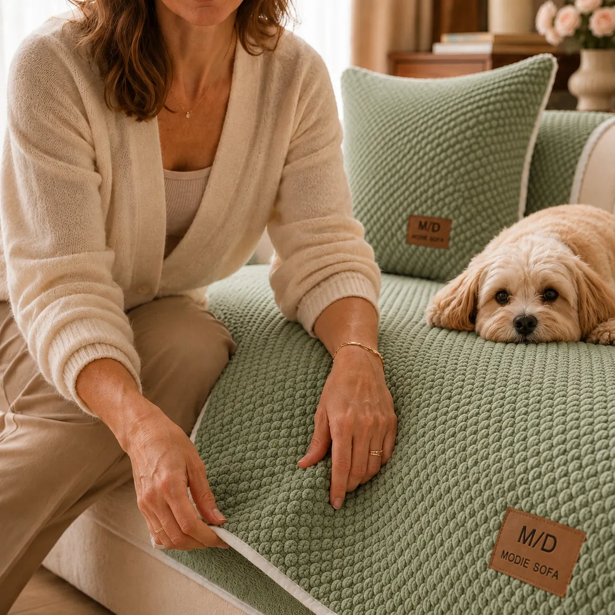 Non-Slip Sofa Cover for Pets – Plush Grip-Dot Couch Protector