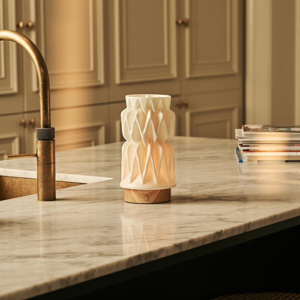 Vento Light Brown Wooden Rechargeable Table Lamp | 3D-Printed Porcelain, Dimmable & 3 Light Colors