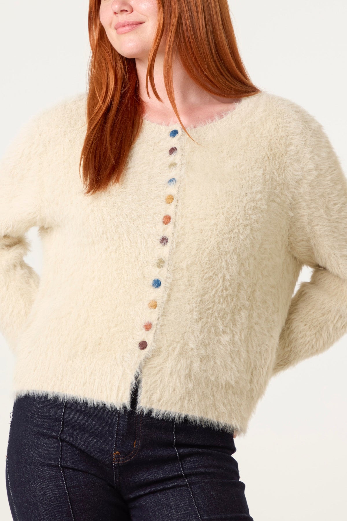 Women's Beige Cardigan with Multicolour Button Detail