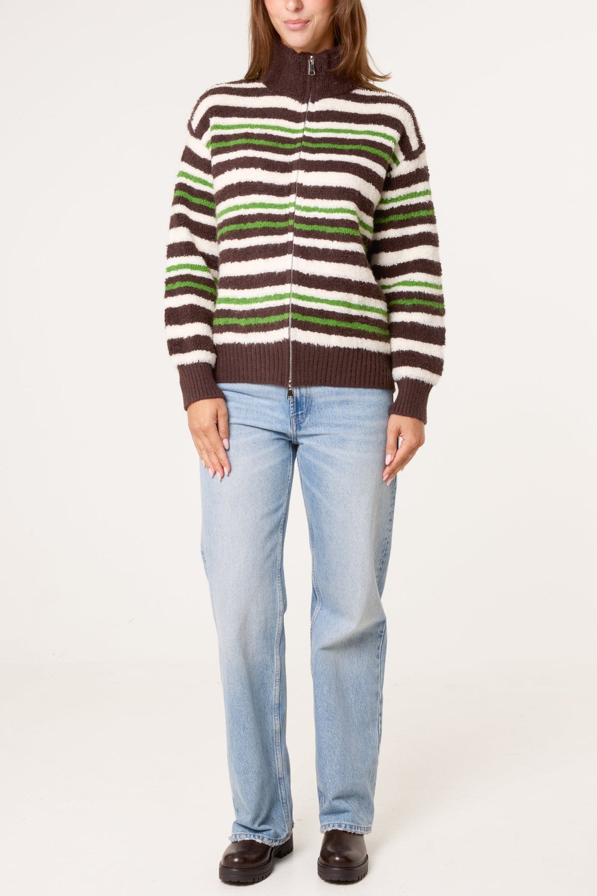 Women's 1/4 Zip Striped Knit Jumper in Chocolate Brown