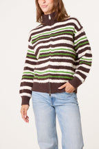 Women's 1/4 Zip Striped Knit Jumper in Chocolate Brown