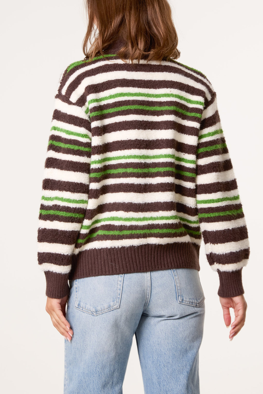 Women's 1/4 Zip Striped Knit Jumper in Chocolate Brown