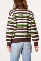 Women's 1/4 Zip Striped Knit Jumper in Chocolate Brown