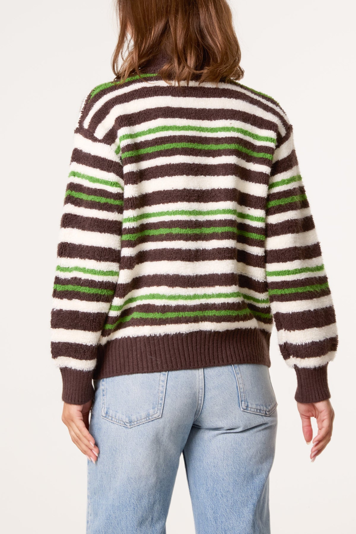 Women's 1/4 Zip Striped Knit Jumper in Chocolate Brown