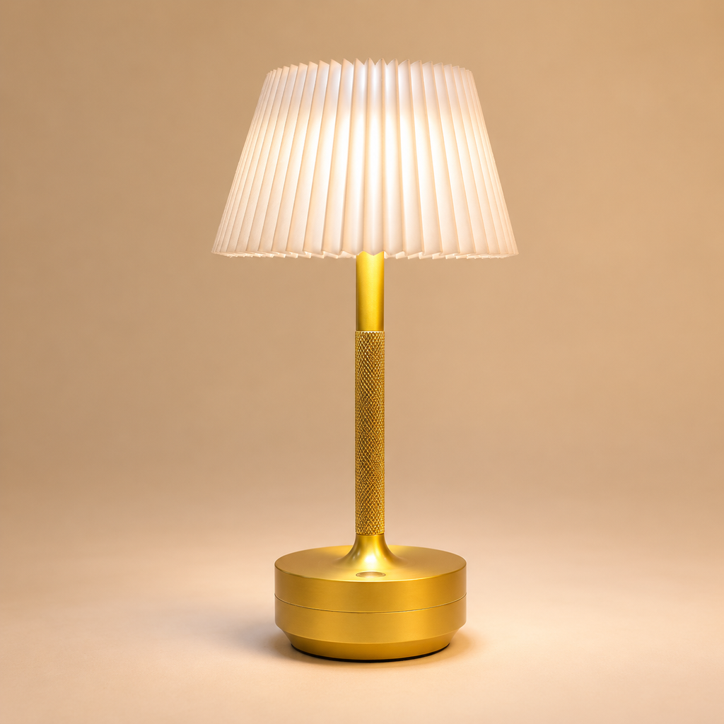 Liberty Rechargeable Cordless Table Lamp - Brass - Ivory Pleated Shade [D]