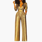 Women's Gold Jumpsuit with Straight Legs - Glossy Finish