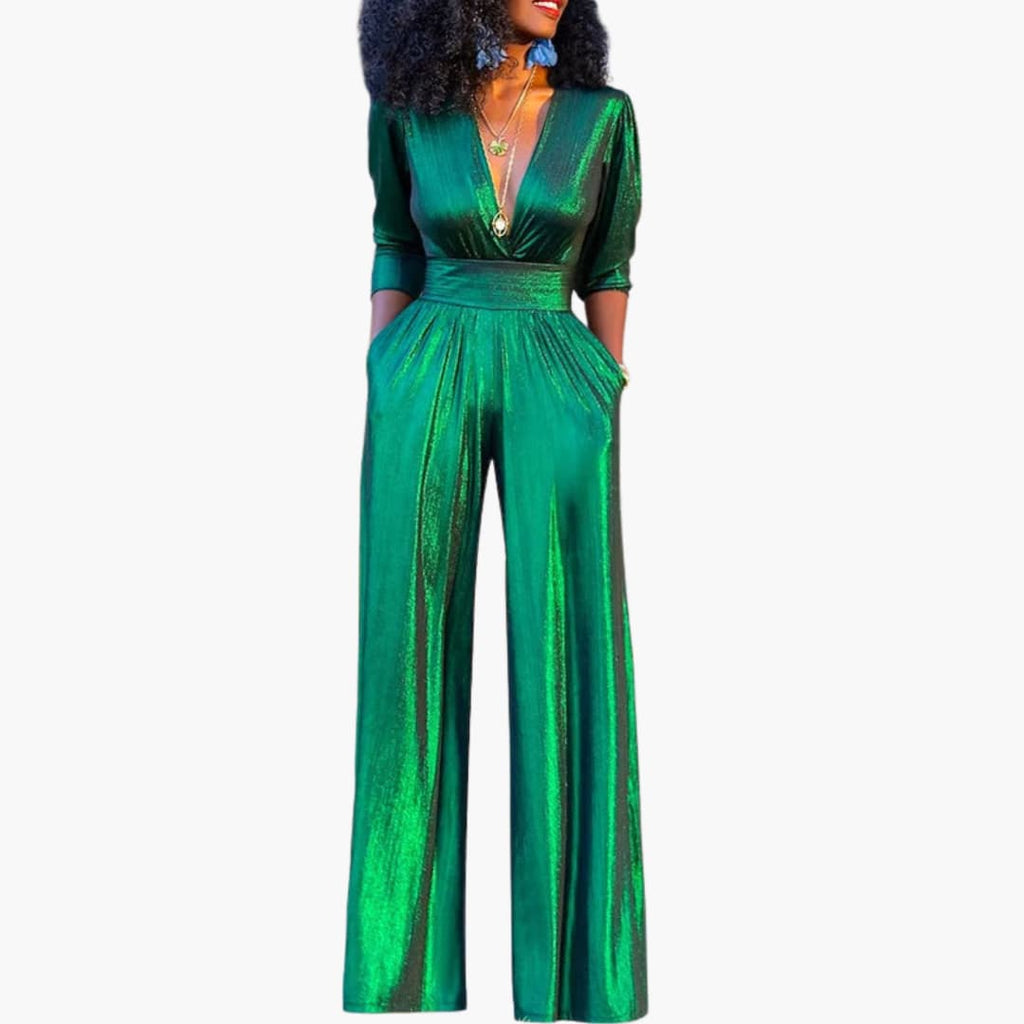 Women's Gold Jumpsuit with Straight Legs - Glossy Finish