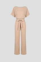 Women's Wide-Leg Jumpsuit with Tie Belt and Round Neckline