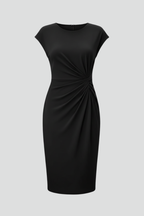 Women's Knee-Length Dress with Round Neck and Ruched Waist