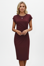Women's Knee-Length Dress with Round Neck and Ruched Waist