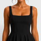 Women's Square Neck Midi Cocktail Dress with Flared Skirt