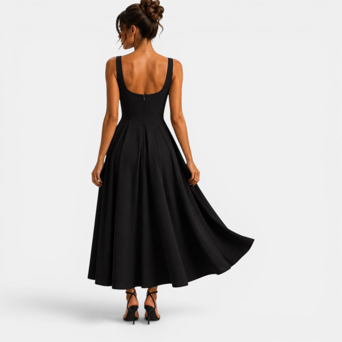 Women's Square Neck Midi Cocktail Dress with Flared Skirt