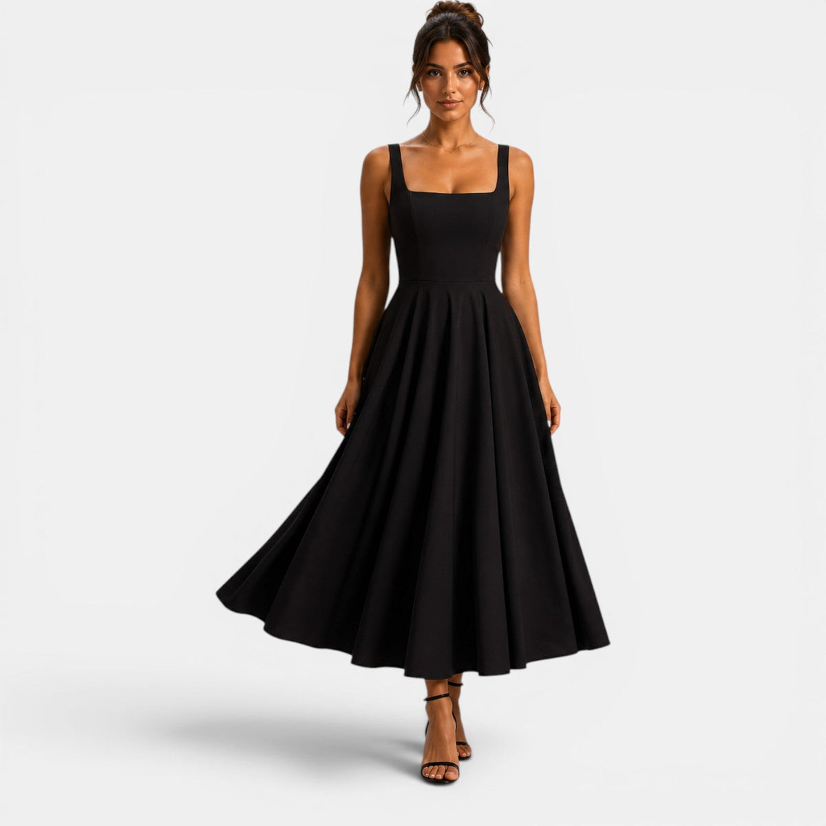 Women's Square Neck Midi Cocktail Dress with Flared Skirt