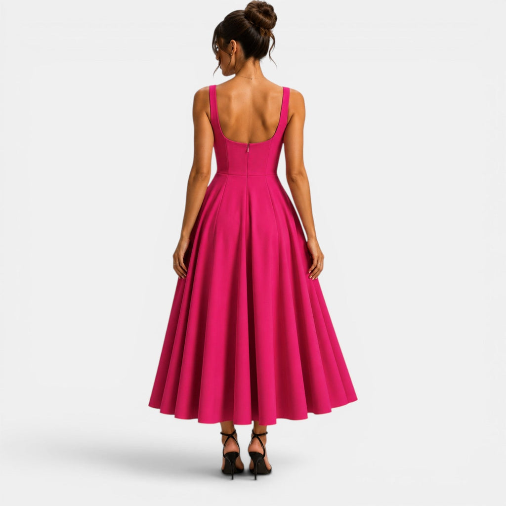 Women's Square Neck Midi Cocktail Dress with Flared Skirt