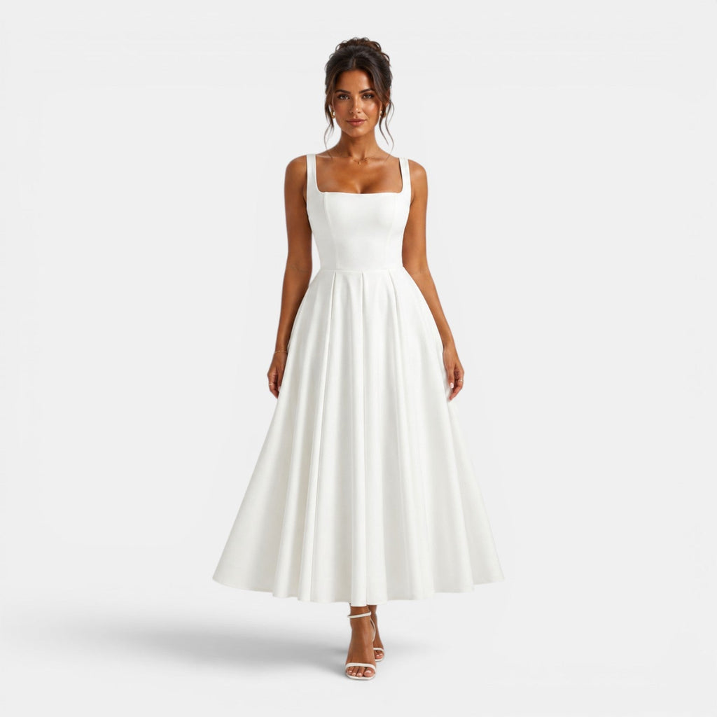 Women's Square Neck Midi Cocktail Dress with Flared Skirt