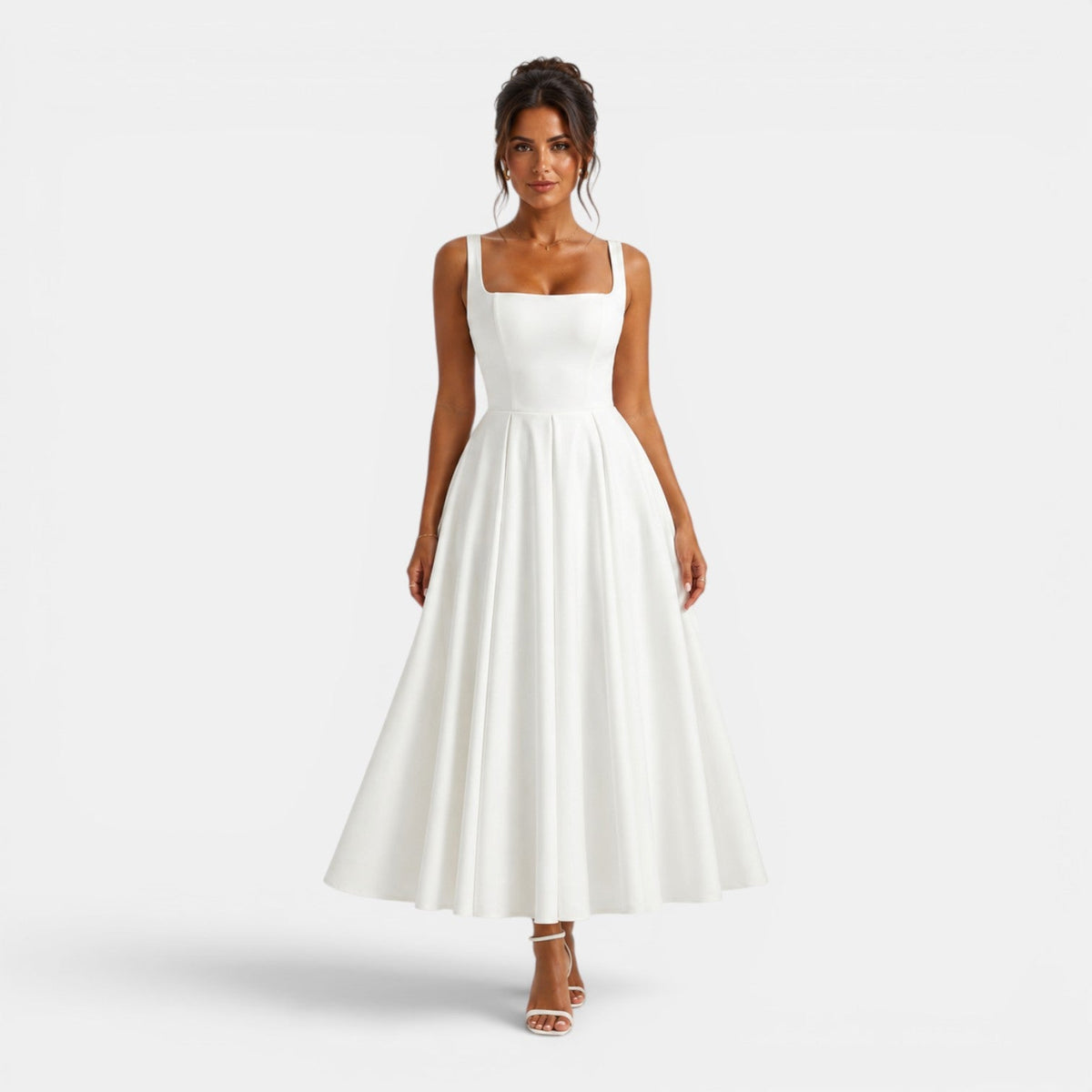 Women's Square Neck Midi Cocktail Dress with Flared Skirt
