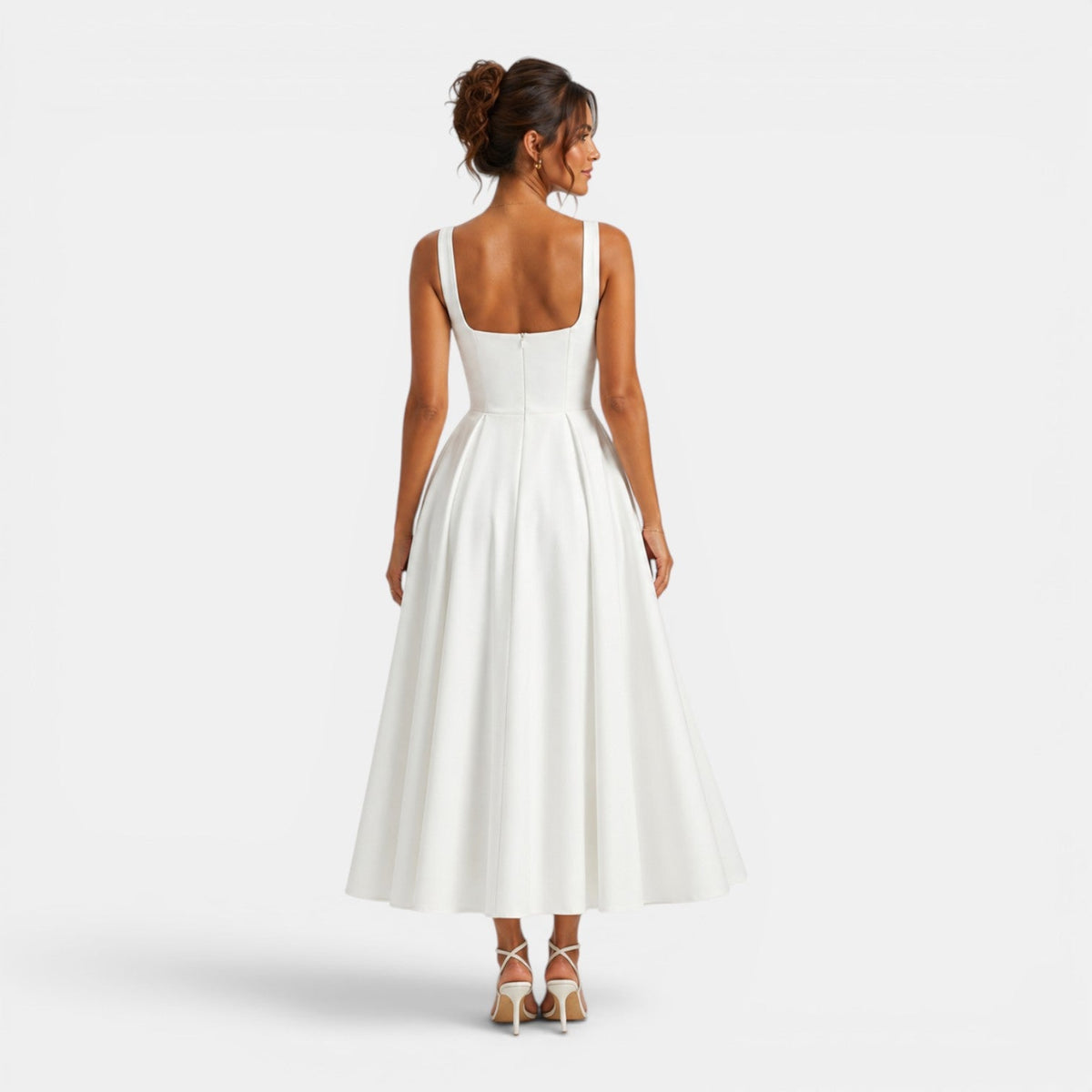 Women's Square Neck Midi Cocktail Dress with Flared Skirt