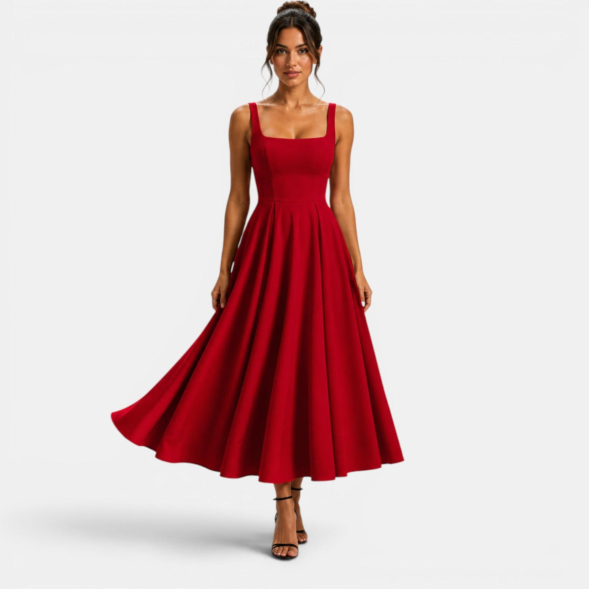 Women's Square Neck Midi Cocktail Dress with Flared Skirt