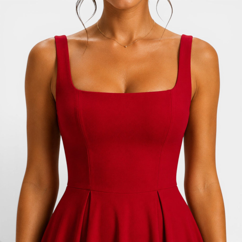 Women's Square Neck Midi Cocktail Dress with Flared Skirt