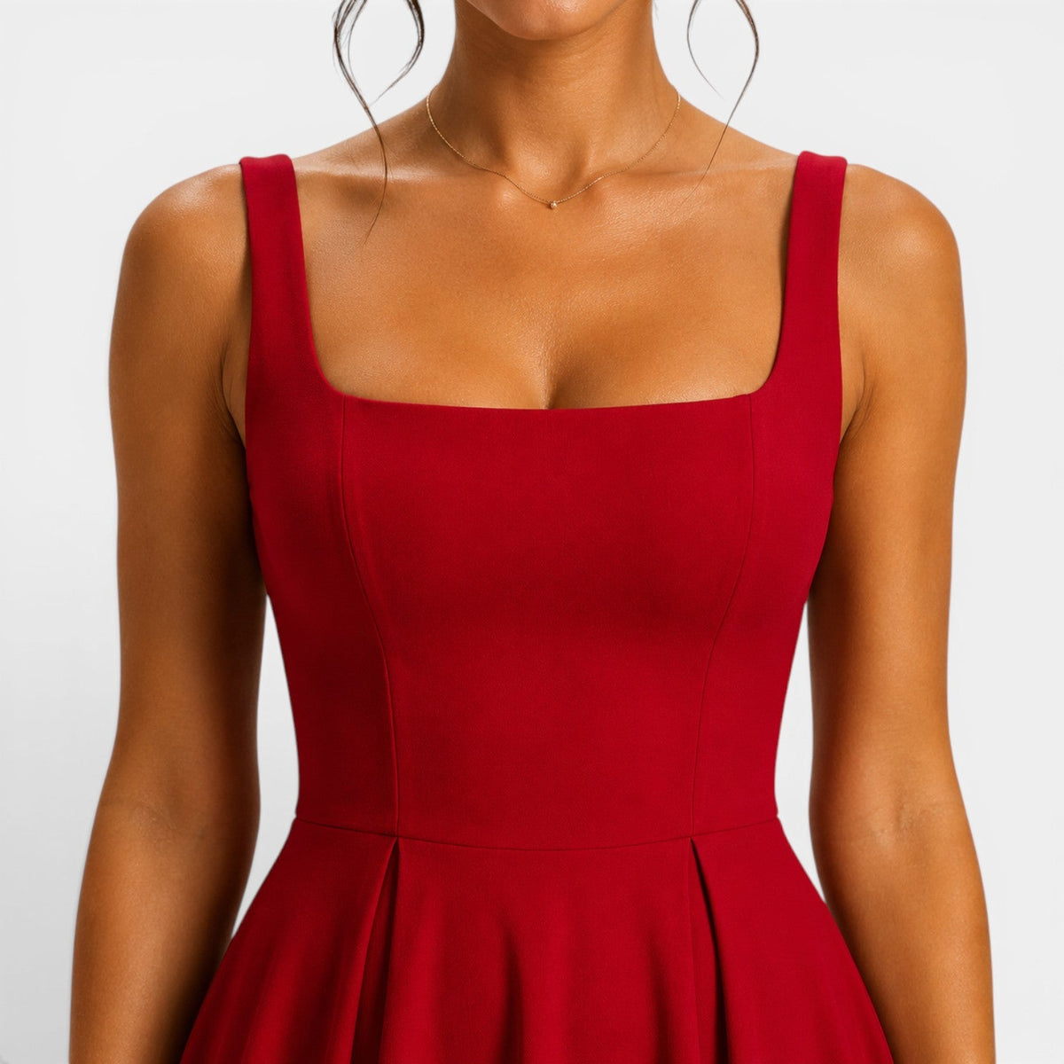 Women's Square Neck Midi Cocktail Dress with Flared Skirt